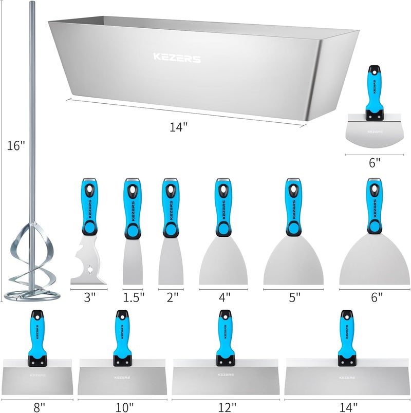 KEZERS عدة أدوات الجدران الجافة، 14 قطعة من الفولاذ المقاوم للصدأ 1.5" 2" 4" 5" 6" ملعقة معجون، 8" 10" 12" 14" ملعقة لصق، 14" وعاء طين، 6" مغرفة دلو، 11 في 1 مكشطة طلاء، 16" خلاط طين وحقيبة أدوات - Image 2
